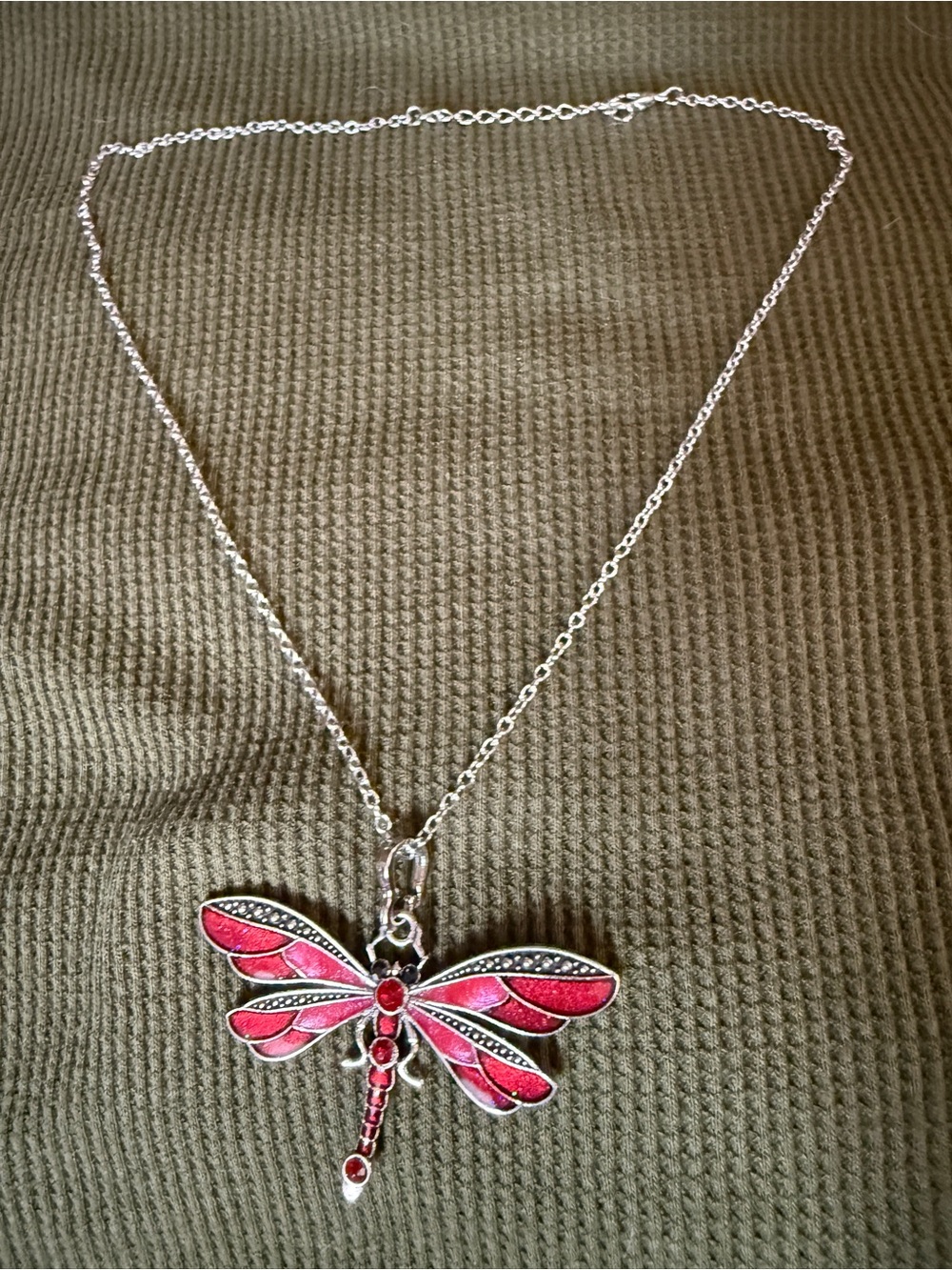 Silver Tone Pink Dragonfly Pendant Necklace